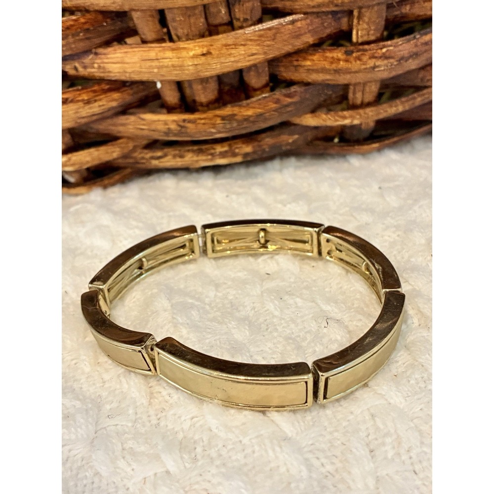 Vintage Gold Tone Stretch Bracelet Curved Panel Link Two Tone Classic Jewelry